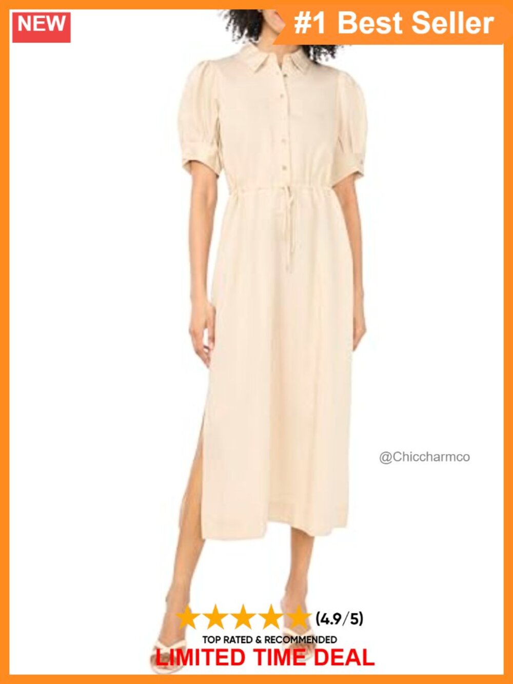Midi Shirt Dress Drawcord Waist Button Front Casual